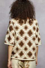 POL Round Neck Short Sleeve Color Pattern Crochet Top with Border Accents OutfitFlow