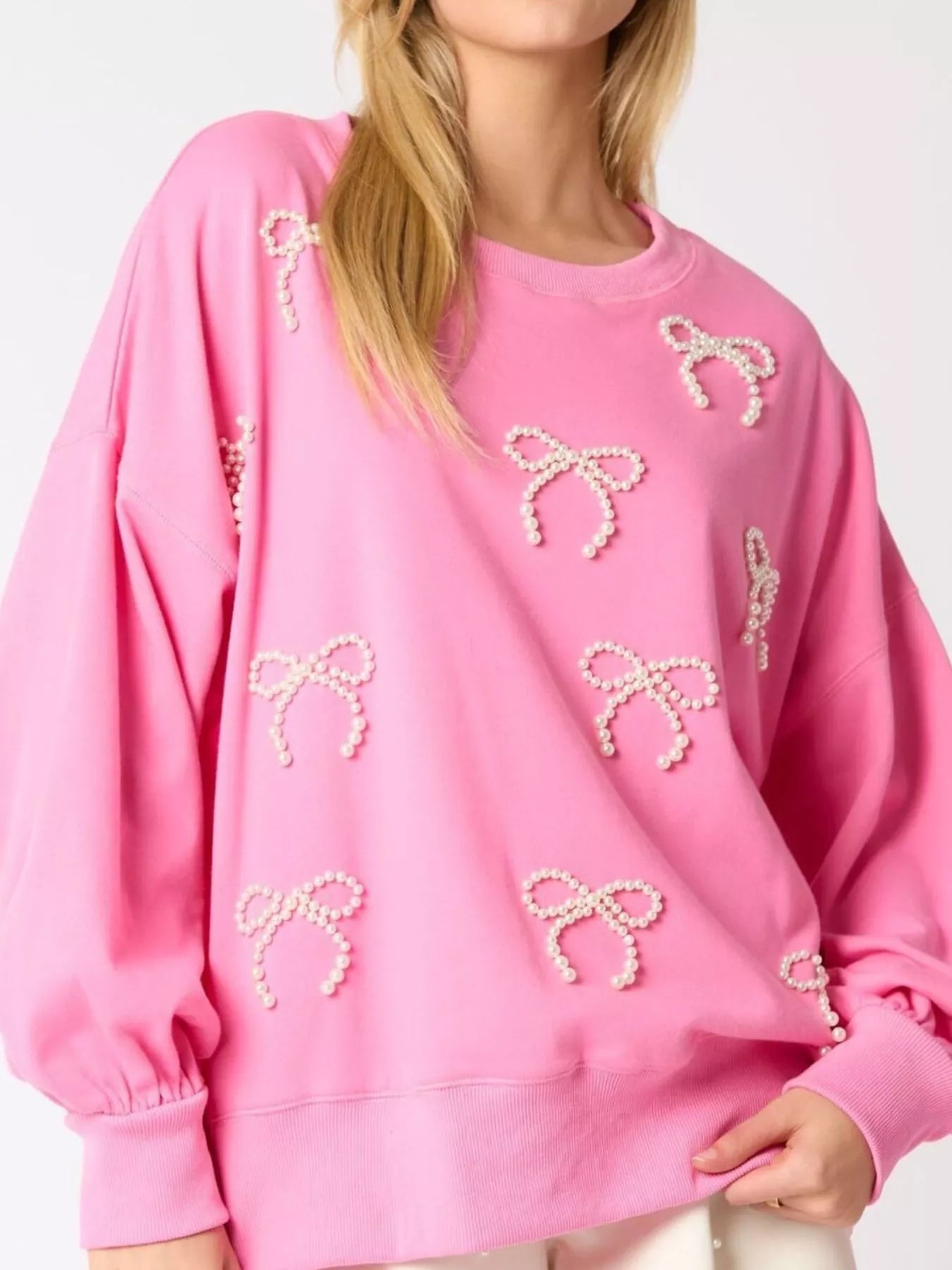 Pearl Embellished Bow Long Sleeve Sweatshirt OutfitFlow