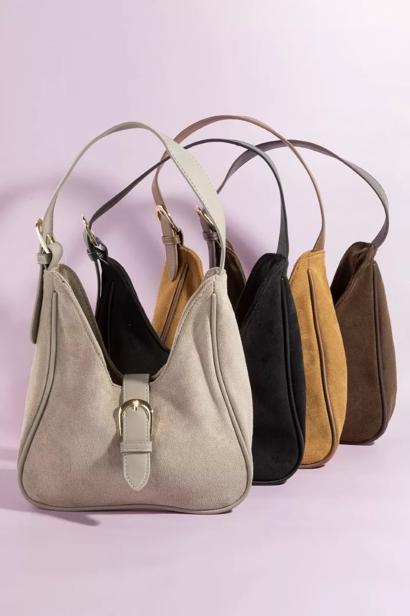 Fame Buckle Accent Faux Suede Hand Bag OutfitFlow
