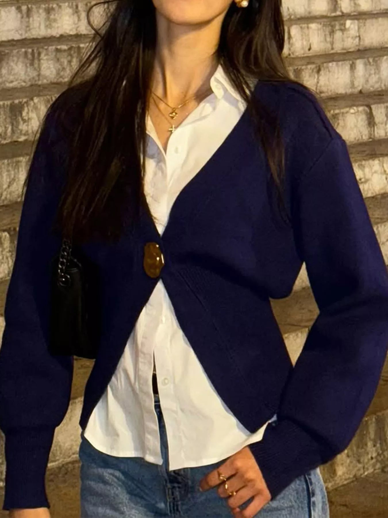Single-Button Knit Cardigan Navy OutfitFlow