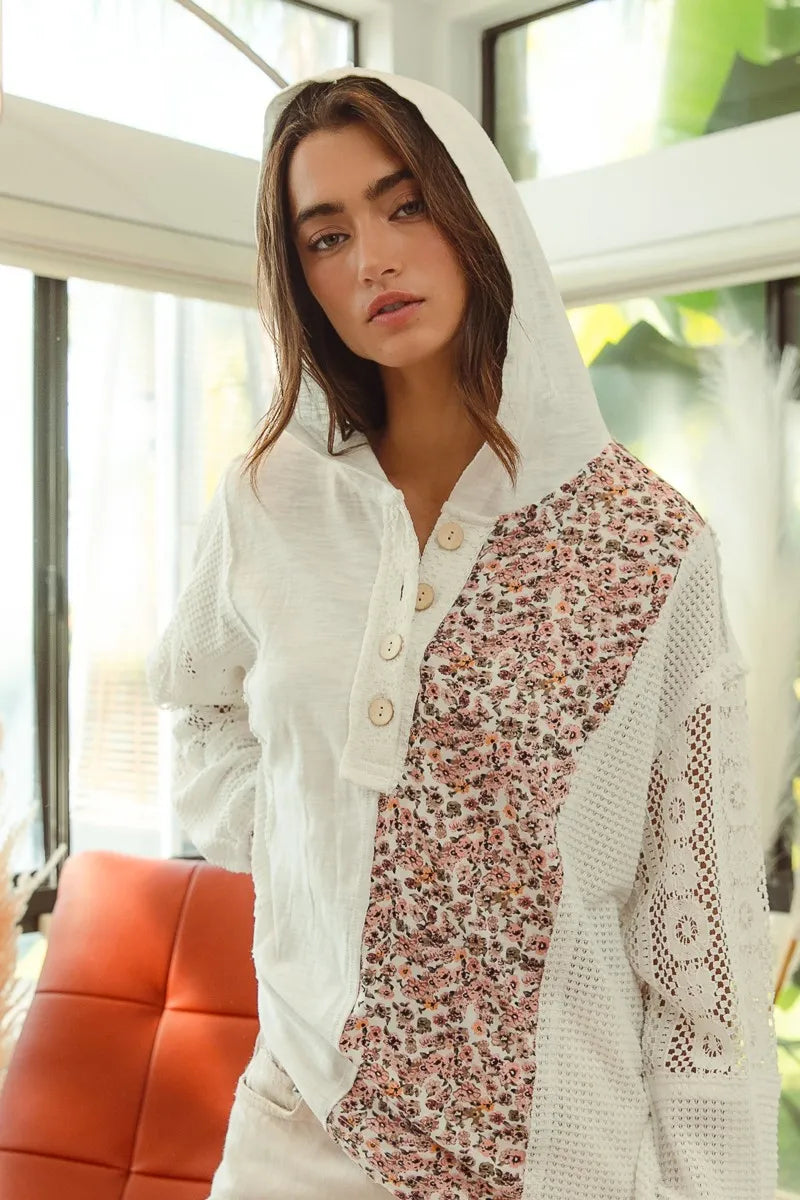 BiBi Slub Jersey with Lace Combo Buttoned Hoodie Top OutfitFlow
