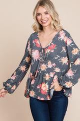 Outfit Flow - Super Lady Full Size Babydoll Floral Long Sleeve Blouse