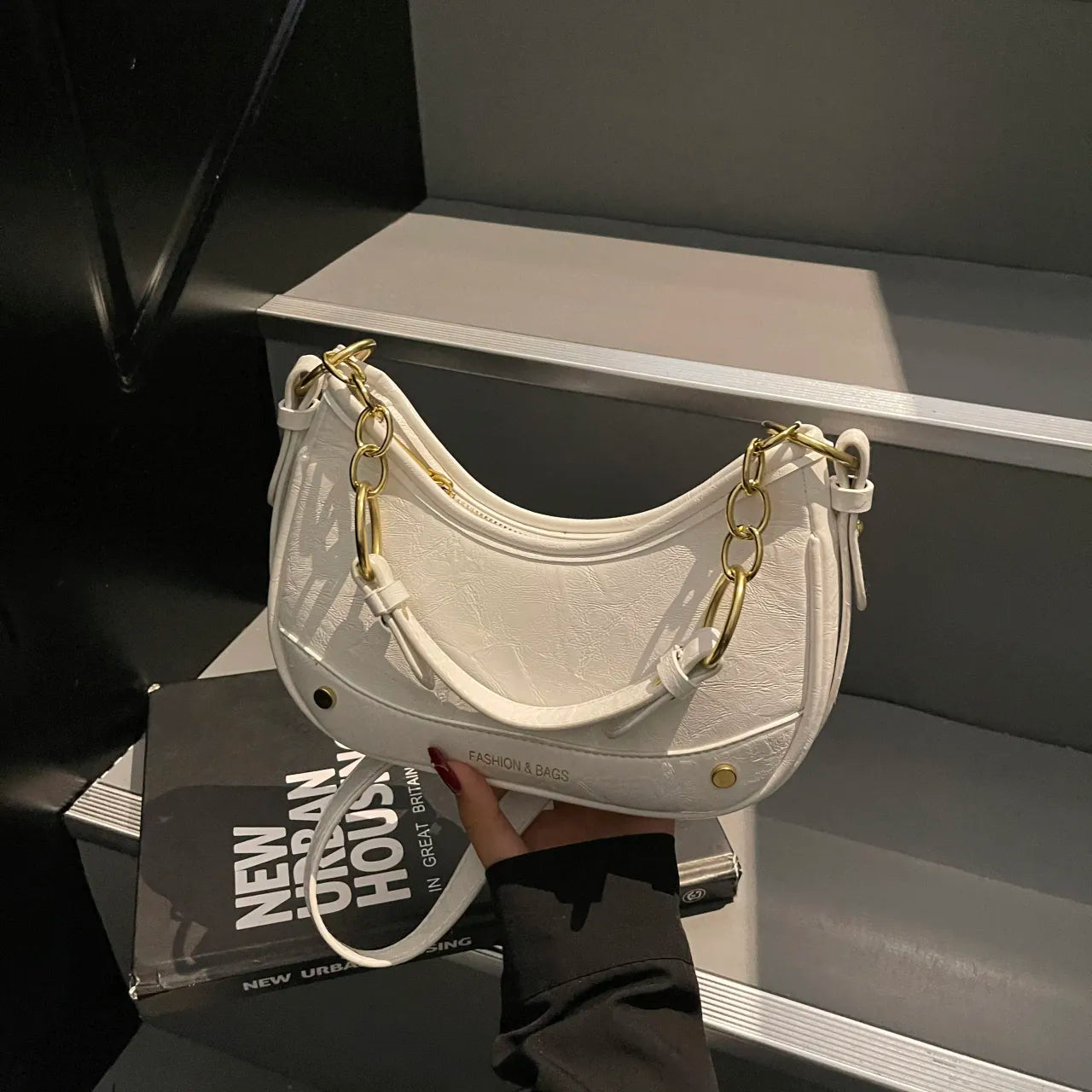 Leather Crescent Shoulder Bag Beige onesize OutfitFlow