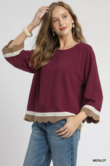 Umgee Scalloped Hem Color Block Top OutfitFlow