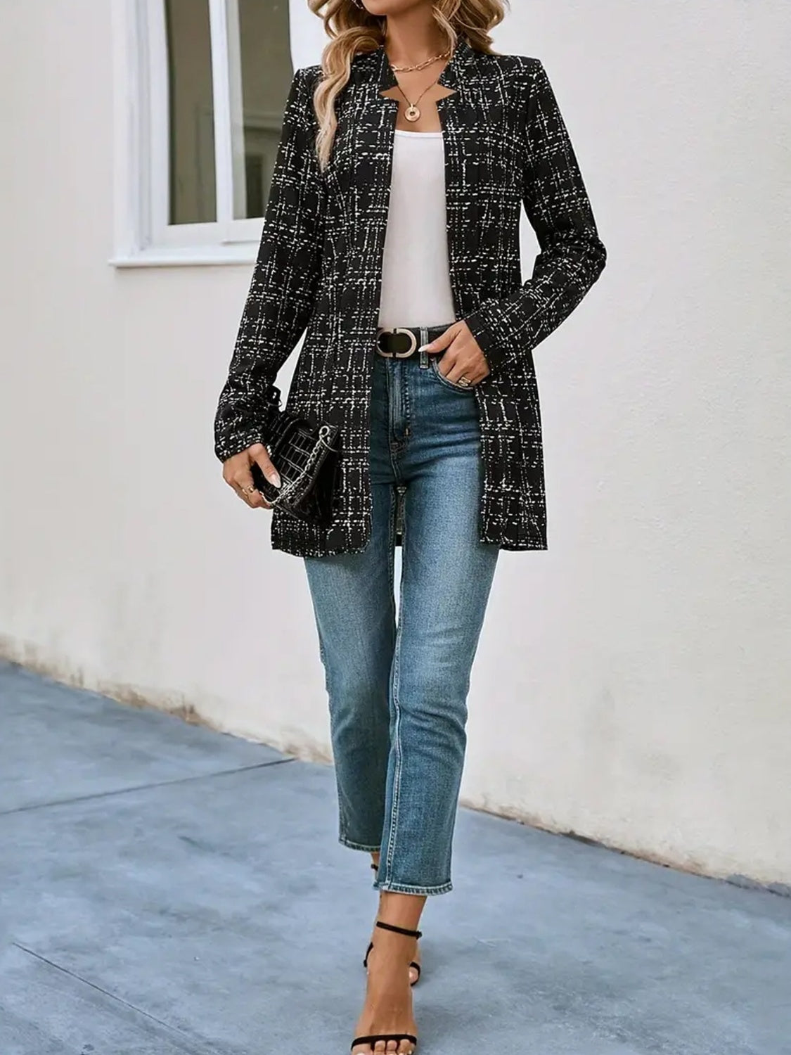 Outfit Flow - Plaid Open Front Long Sleeve Blazer