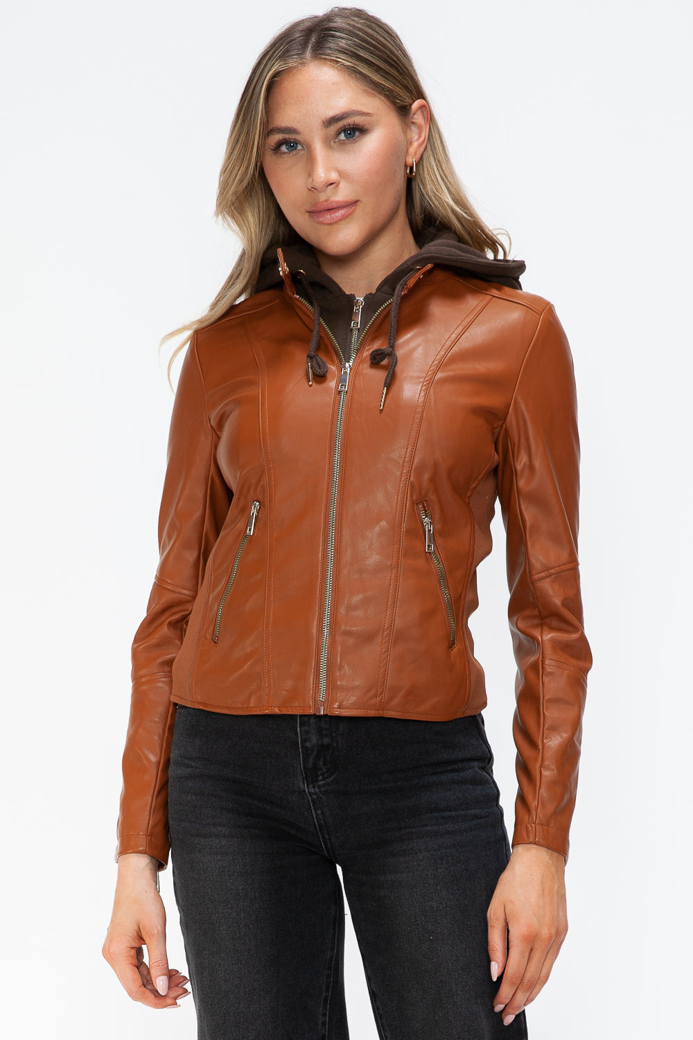 Outfit Flow - Snobbish Faux Leather Zip Up Drawstring Hooded Jacket