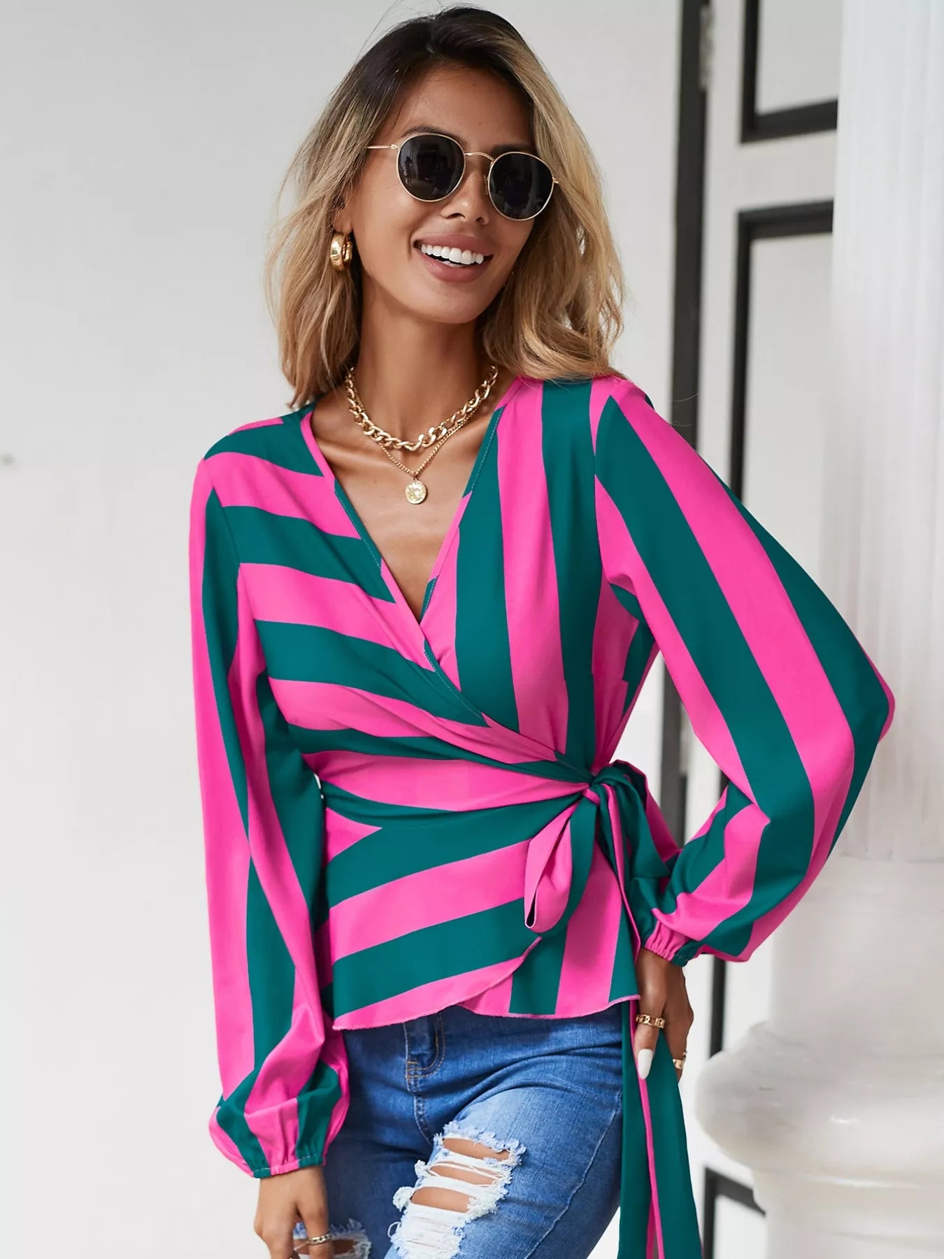 Striped Wrap Blouse with Tie Detail OutfitFlow