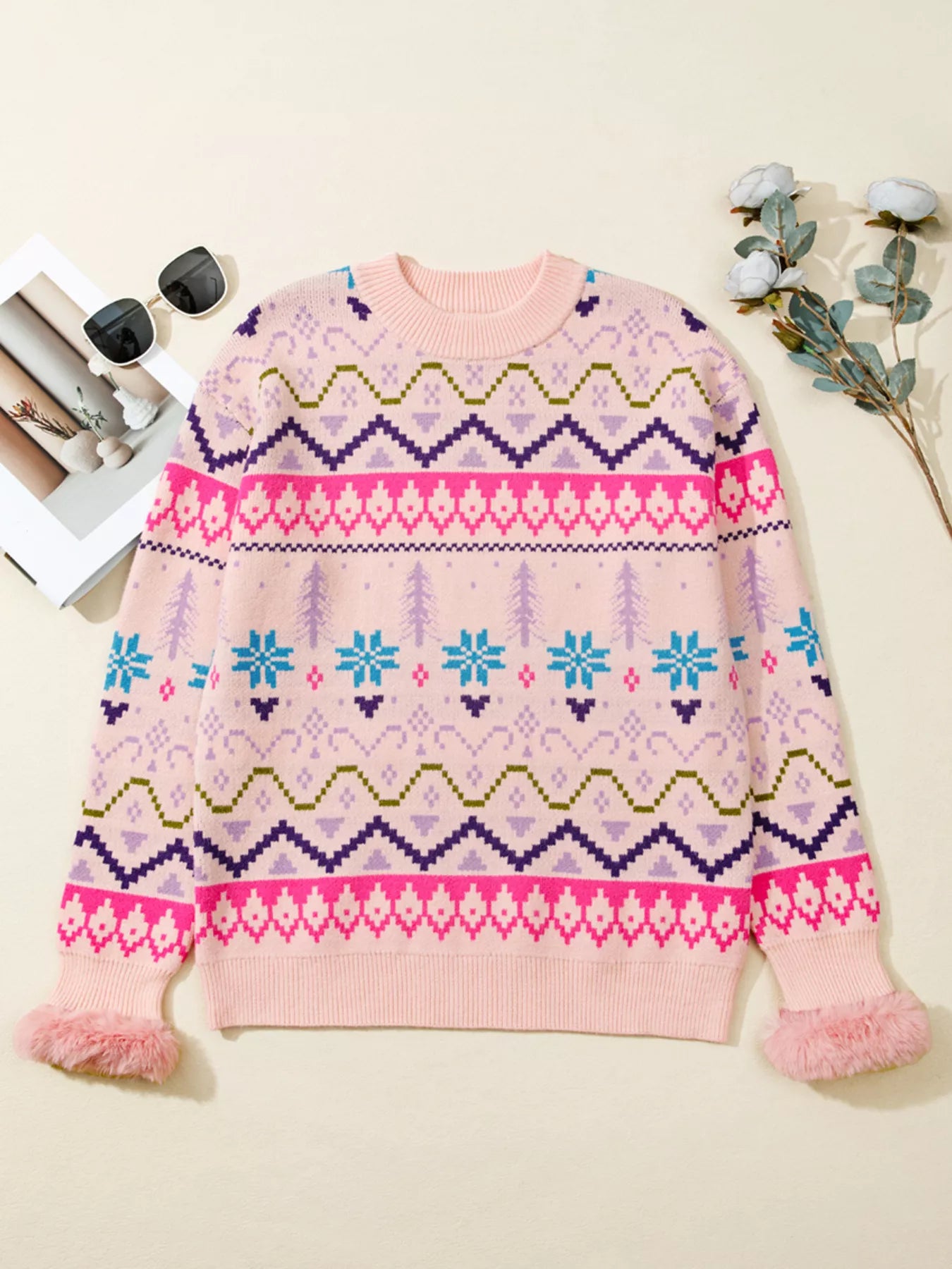 Multicolour Ethnic Christmas Pattern Knit Feather Cuffed Sweater OutfitFlow