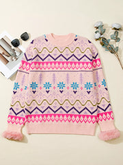 Multicolour Ethnic Christmas Pattern Knit Feather Cuffed Sweater OutfitFlow
