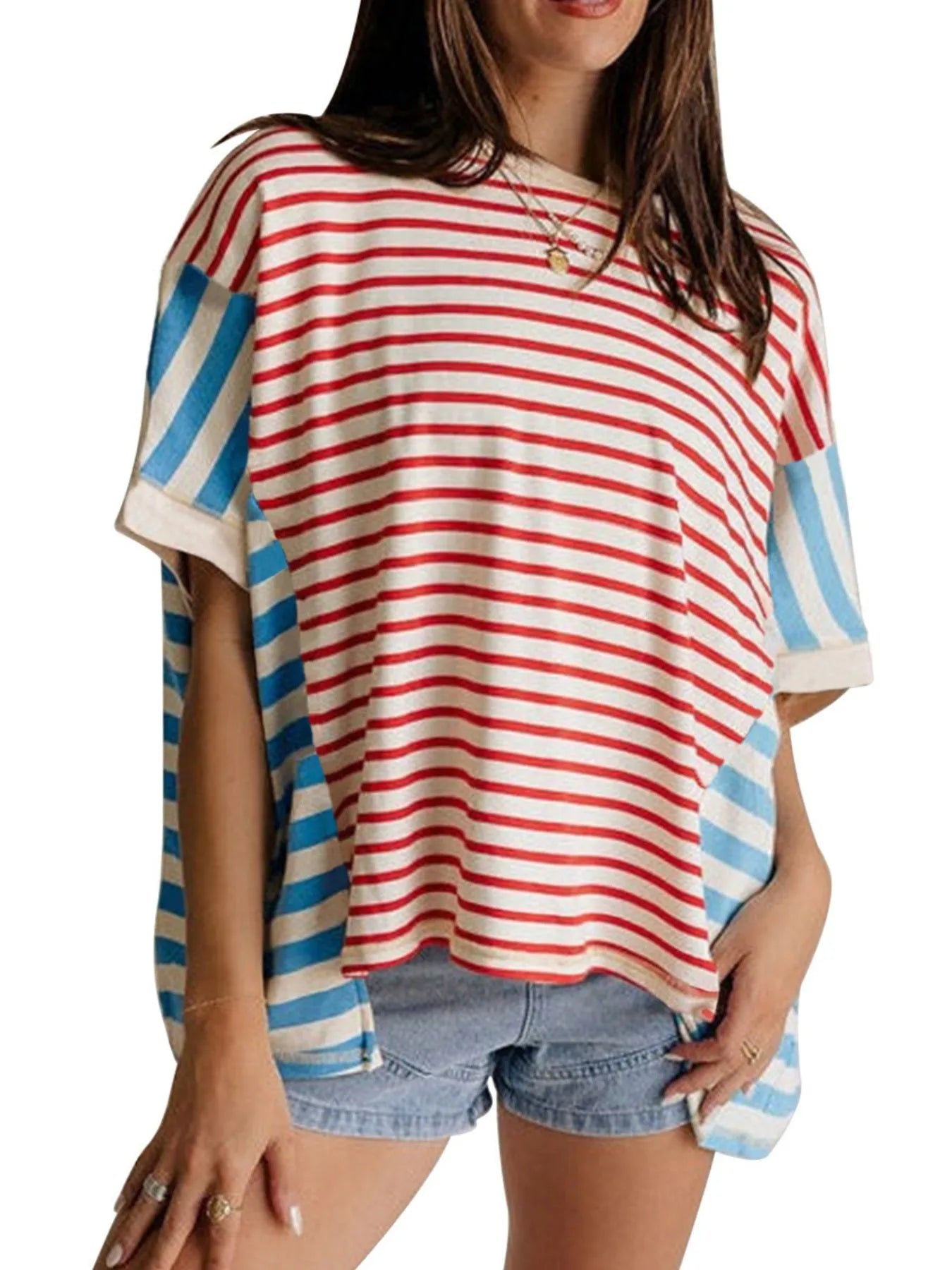 Colorful Striped Oversized T-Shirt Red OutfitFlow