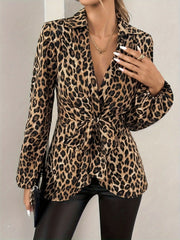 Leopard Tie Front Long Sleeve Blouse OutfitFlow