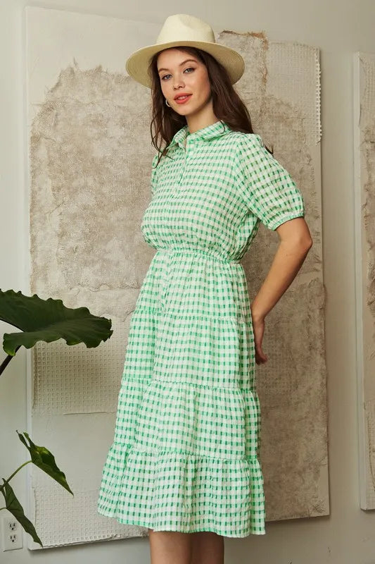 Davi & Dani Checkered Puff Sleeve Tiered Shirt Dress OutfitFlow