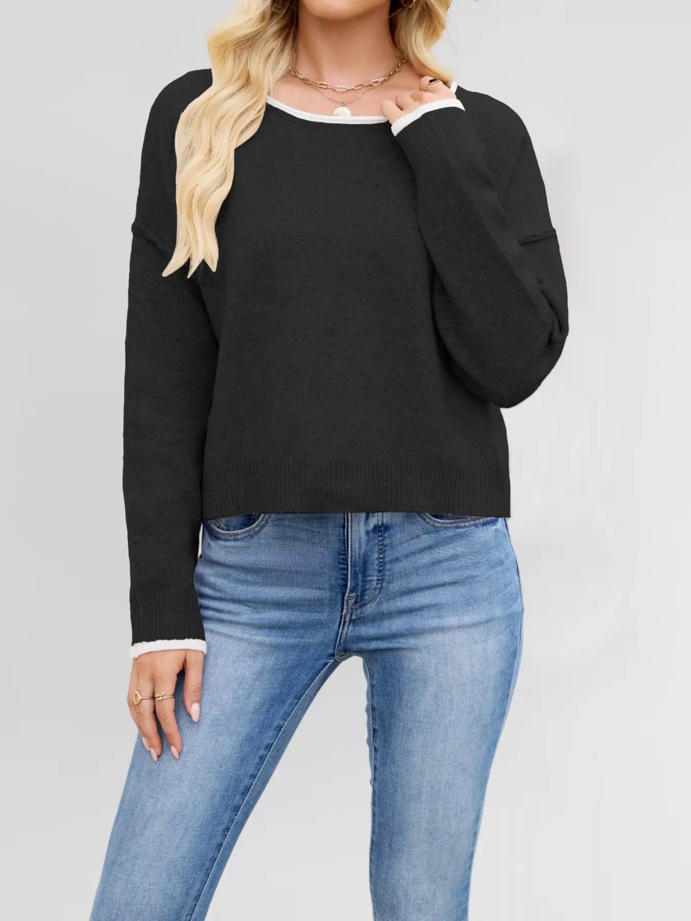 Round Neck Dropped Shoulder Sweater OutfitFlow
