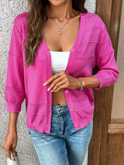 Textured Button-Front Cardigan with 3/4 Sleeves OutfitFlow