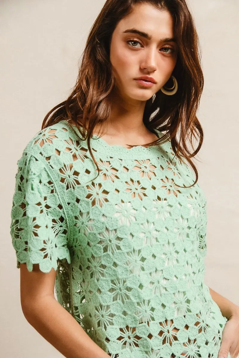 BiBi Openwork Crochet Short Sleeve Knit Top OutfitFlow