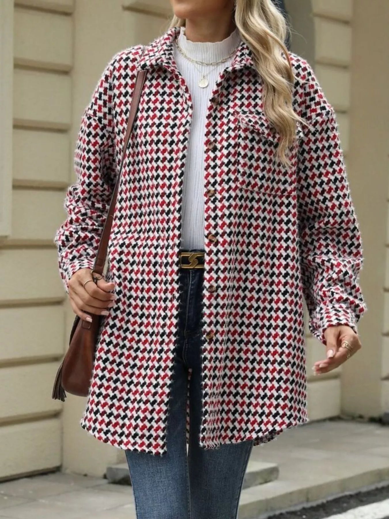 Houndstooth Button Up Long Sleeve Coat Trendsi
