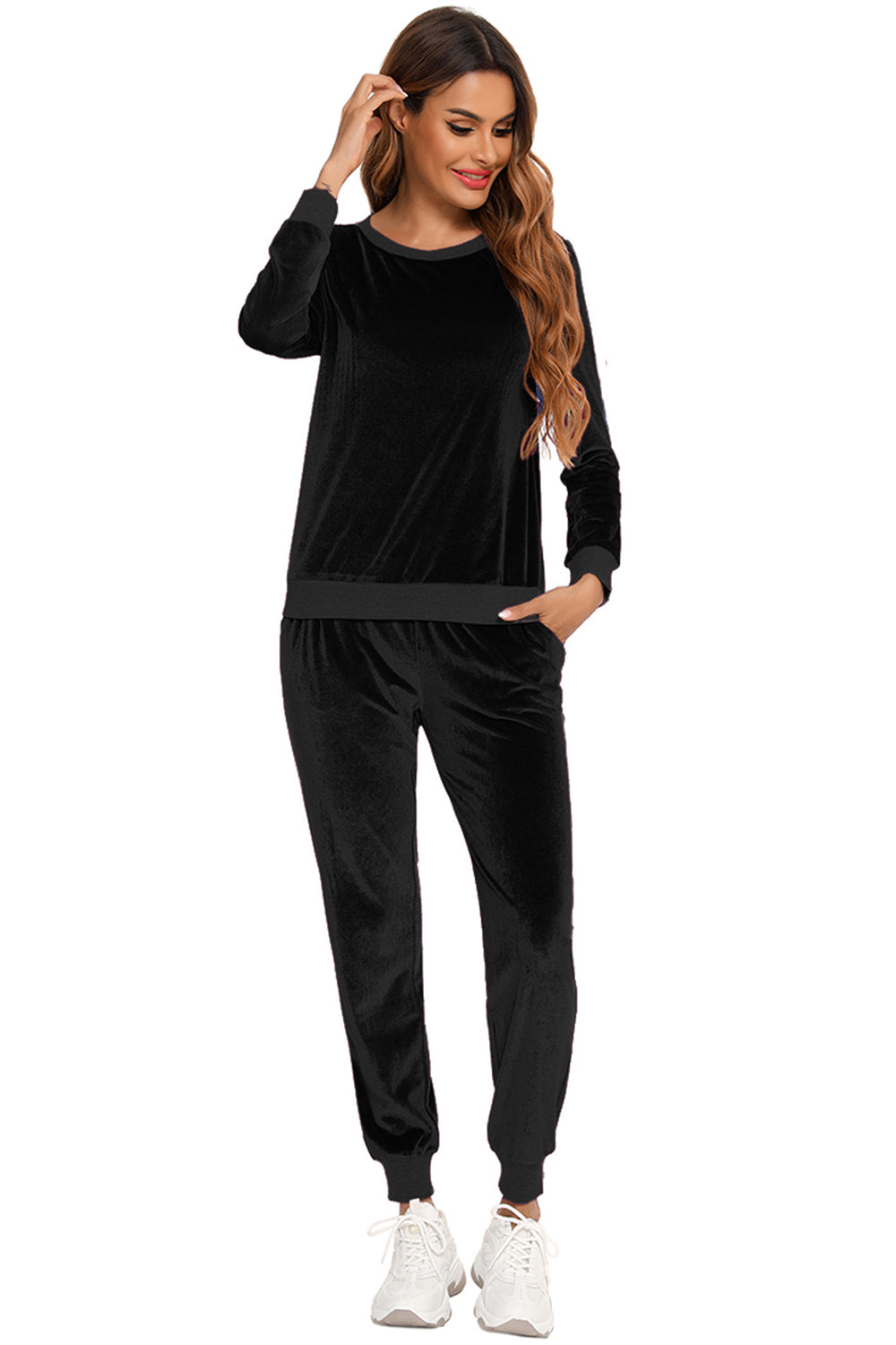 Outfit Flow - Round Neck Long Sleeve Loungewear Set with Pockets