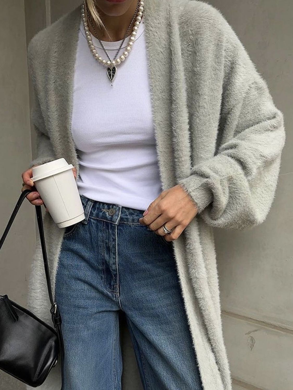 Outfit Flow - Fuzzy Open Front Solid Color Cardigan