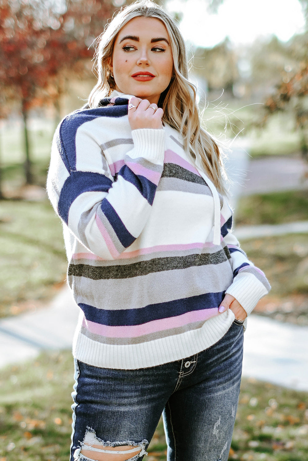 Plus Size Striped Long Sleeve Hooded Sweater