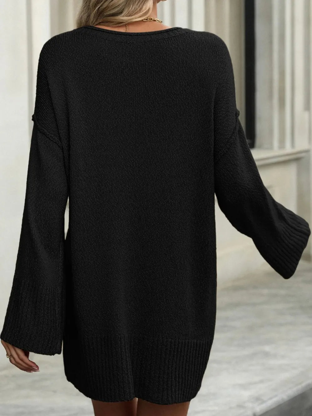 Round Neck Dropped Shoulder Sweater OutfitFlow