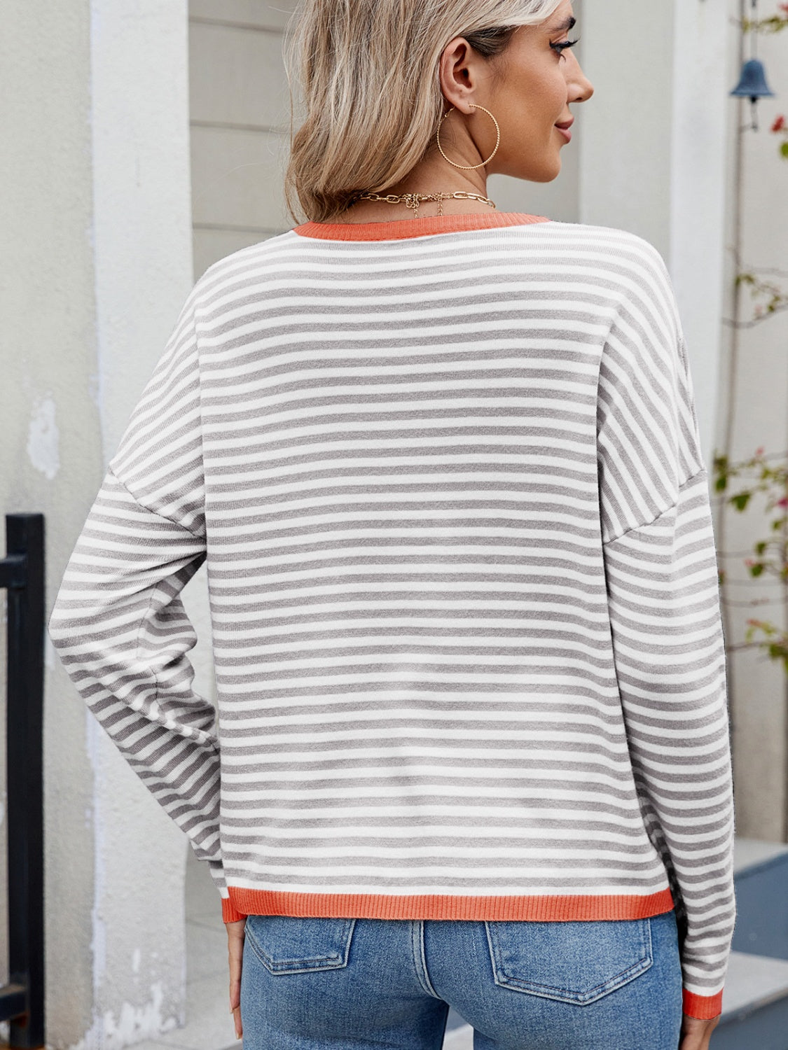 Outfit Flow - Striped Contrast Round Neck Long Sleeve Sweater