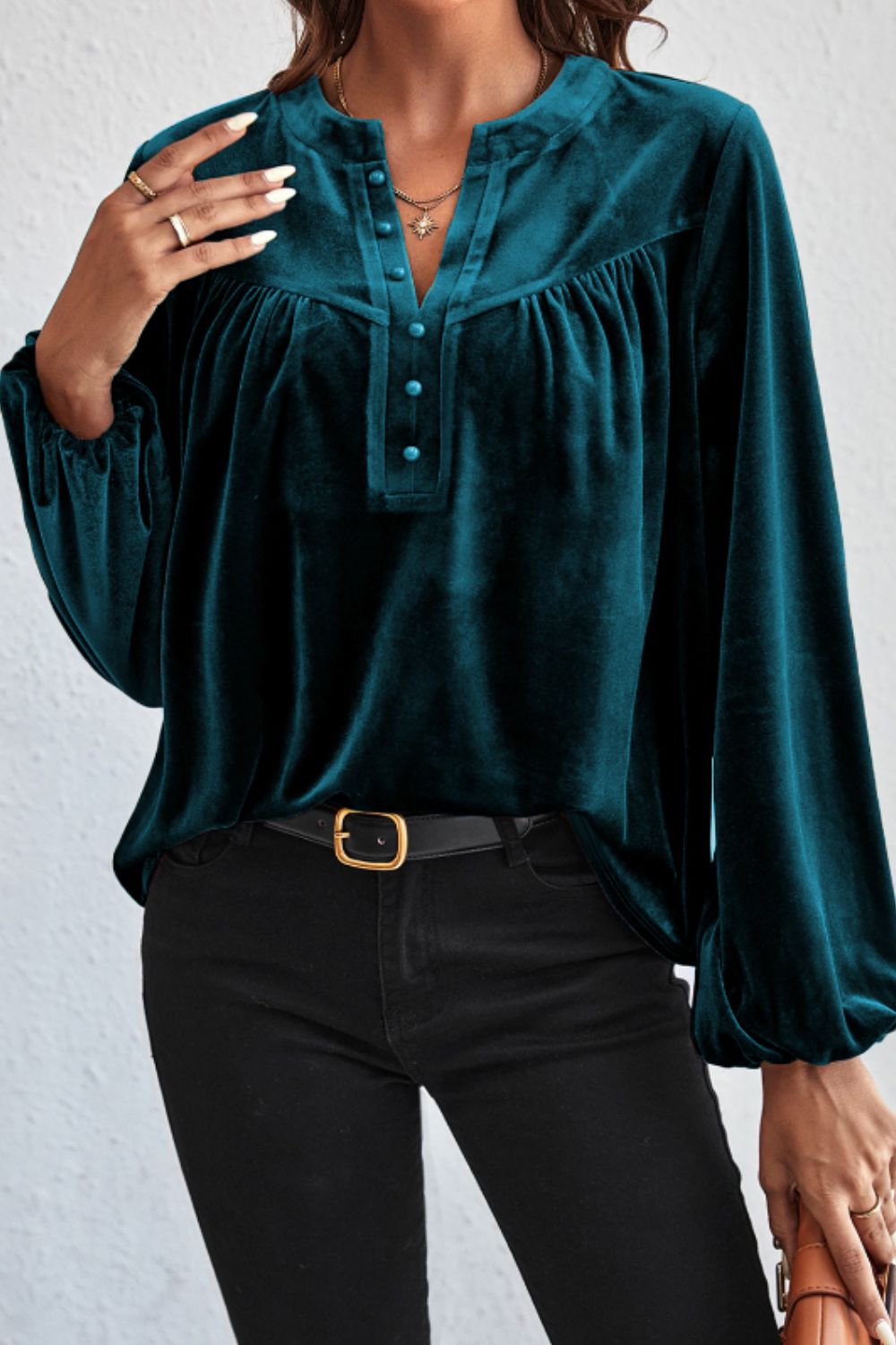 Outfit Flow - Notched Long Sleeve Velvet Top