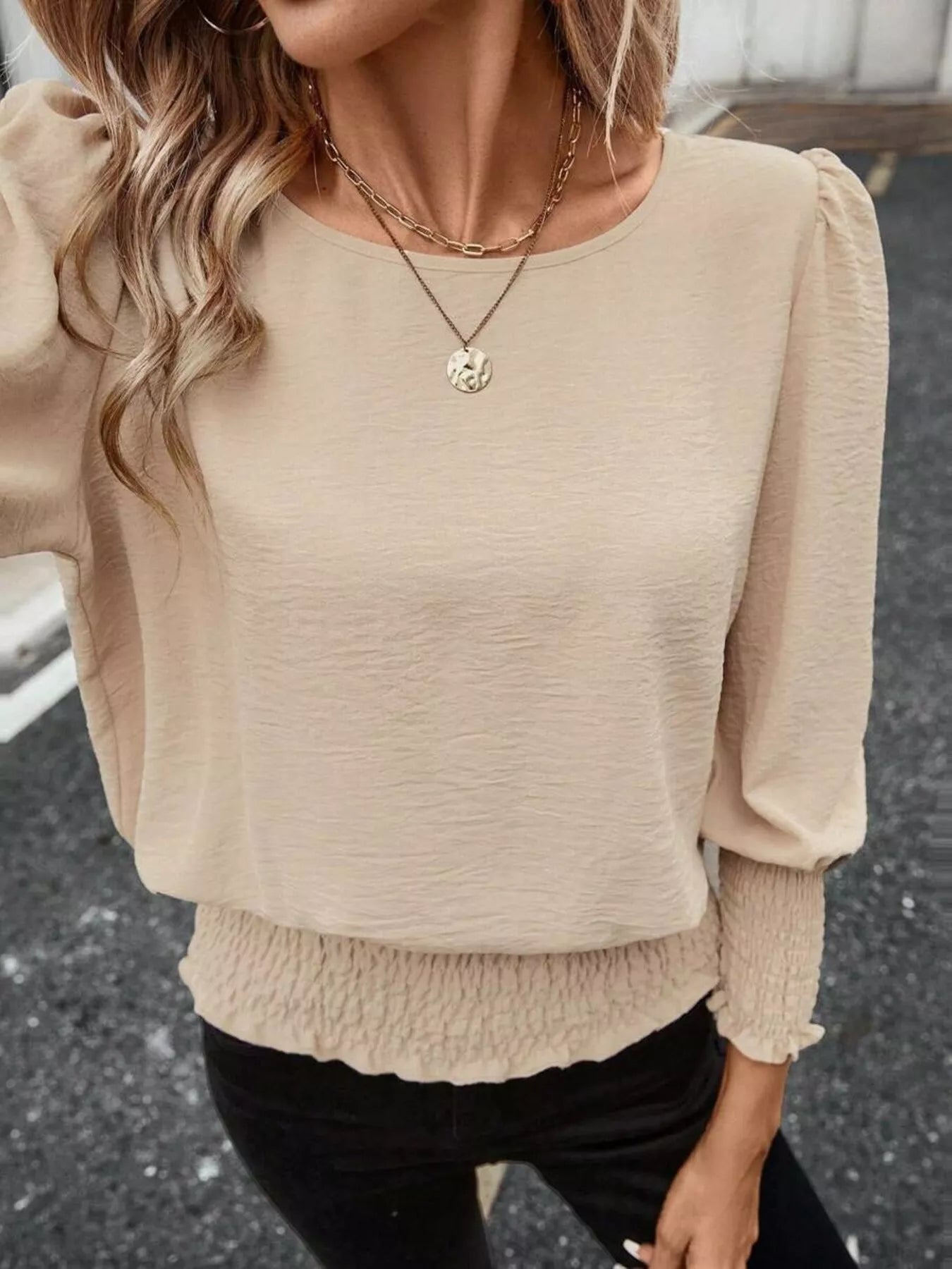 Smocked Waist Round Neck Blouse Trendsi