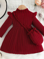 Children's Ribbed Knit Ruffle Trim Dress with Bag Burgundy Trendsi