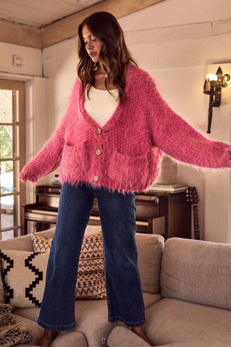 SO ME Soft Touch Hairy Loose Fit Cozy Sweater Cardigan OutfitFlow