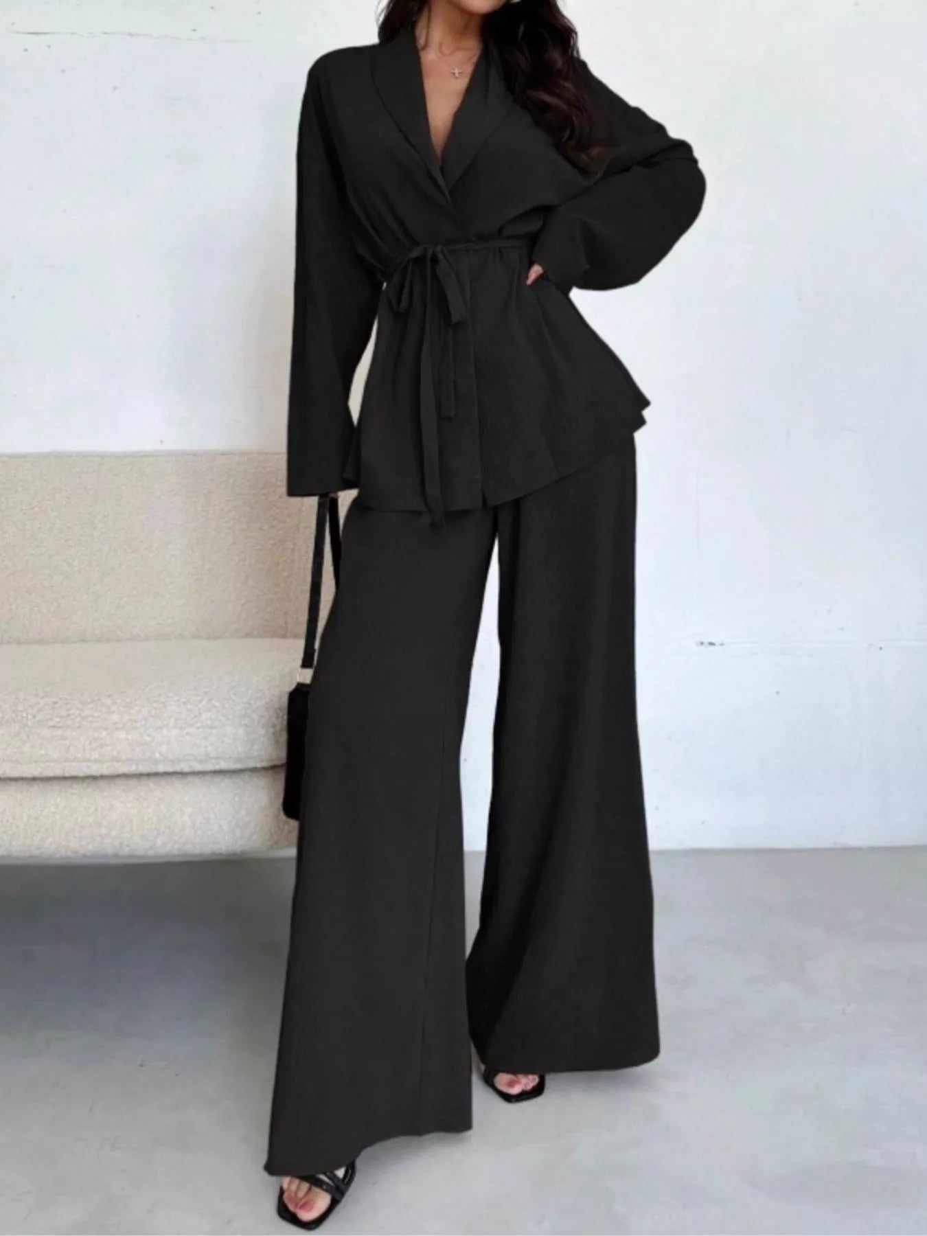 Front Tied Shirt and Wide-Leg Pants Set OutfitFlow