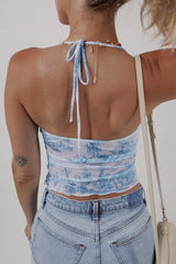 Printed Mesh Bow Detail Halter Neck Tank Top OutfitFlow