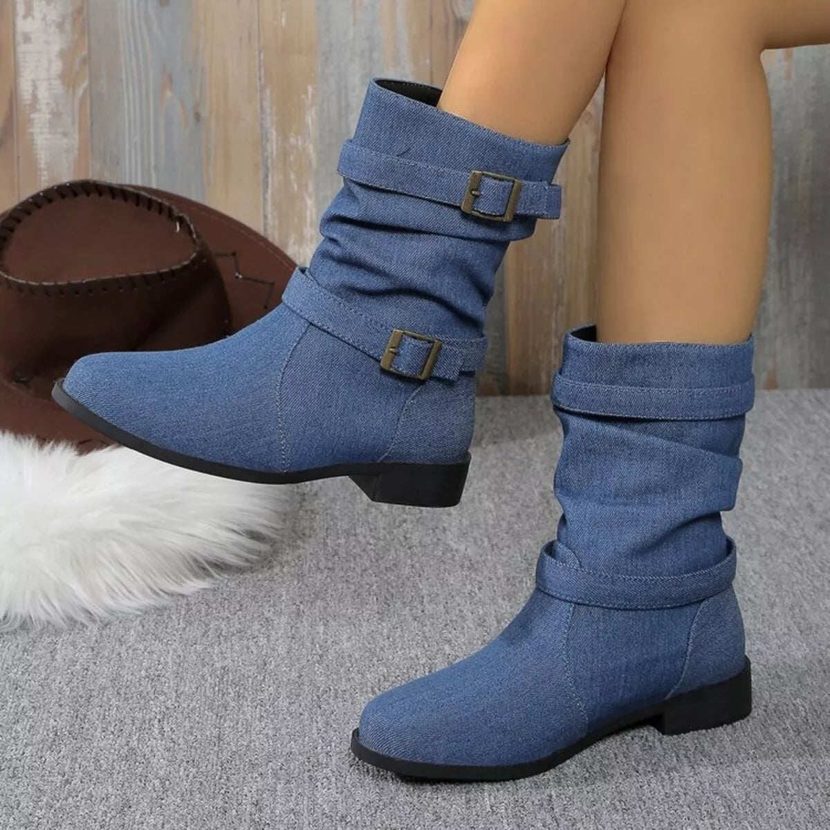 Buckle Accent Block Heel Boots Navy Blue Trendsi