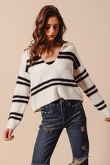 SO ME Fuzzy Hairy Stripe Deep U Neck Sweater OutfitFlow