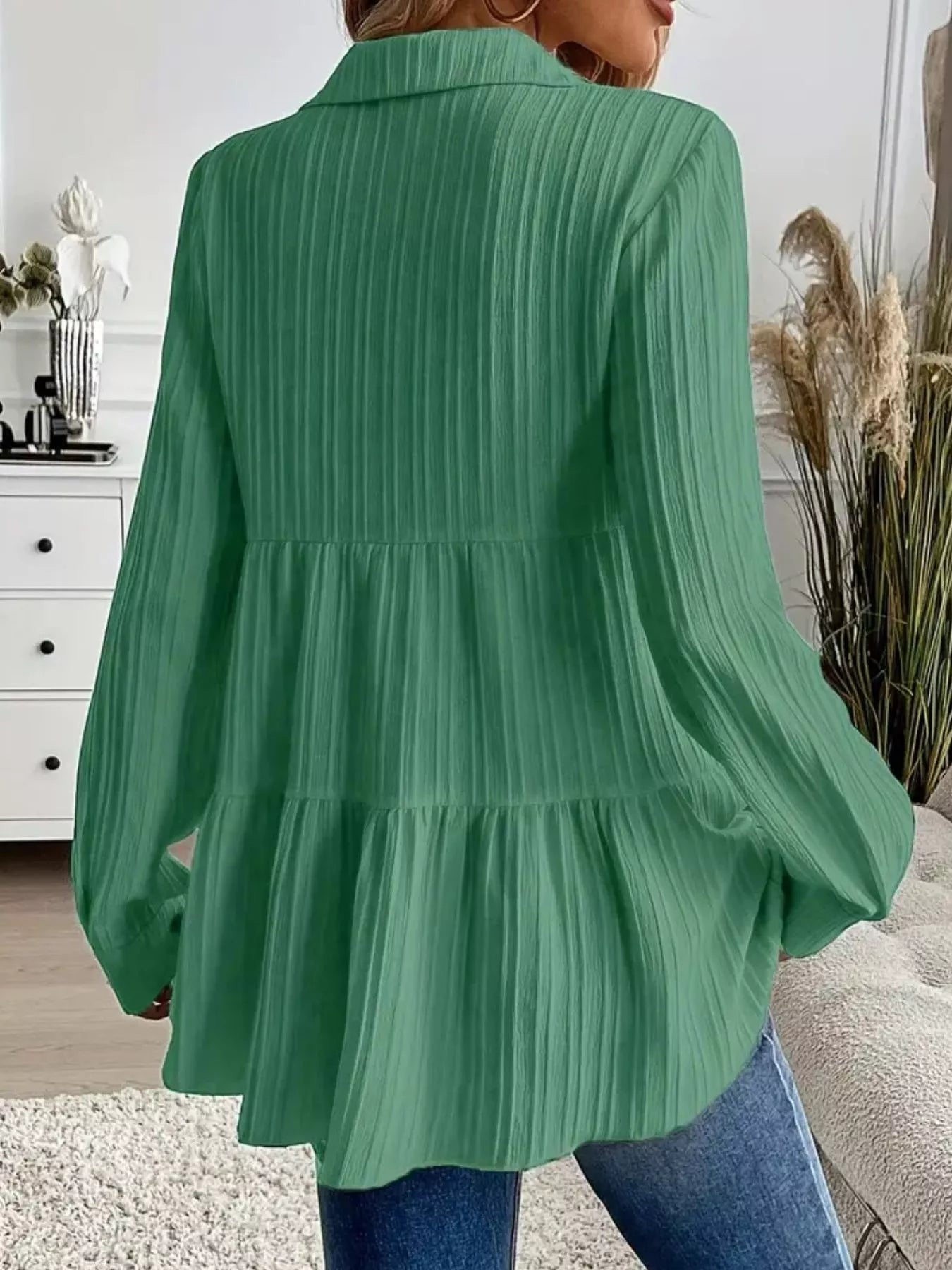 Button-Down Long Sleeve Tiered Shirt OutfitFlow