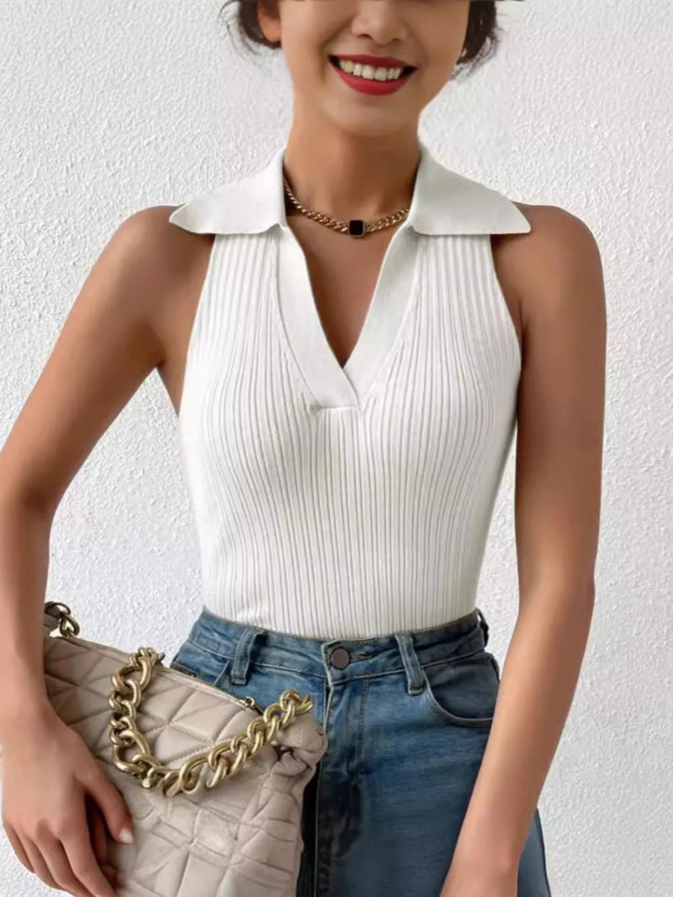 Ribbed Knit Sleeveless Polo Collar Tank Top OutfitFlow