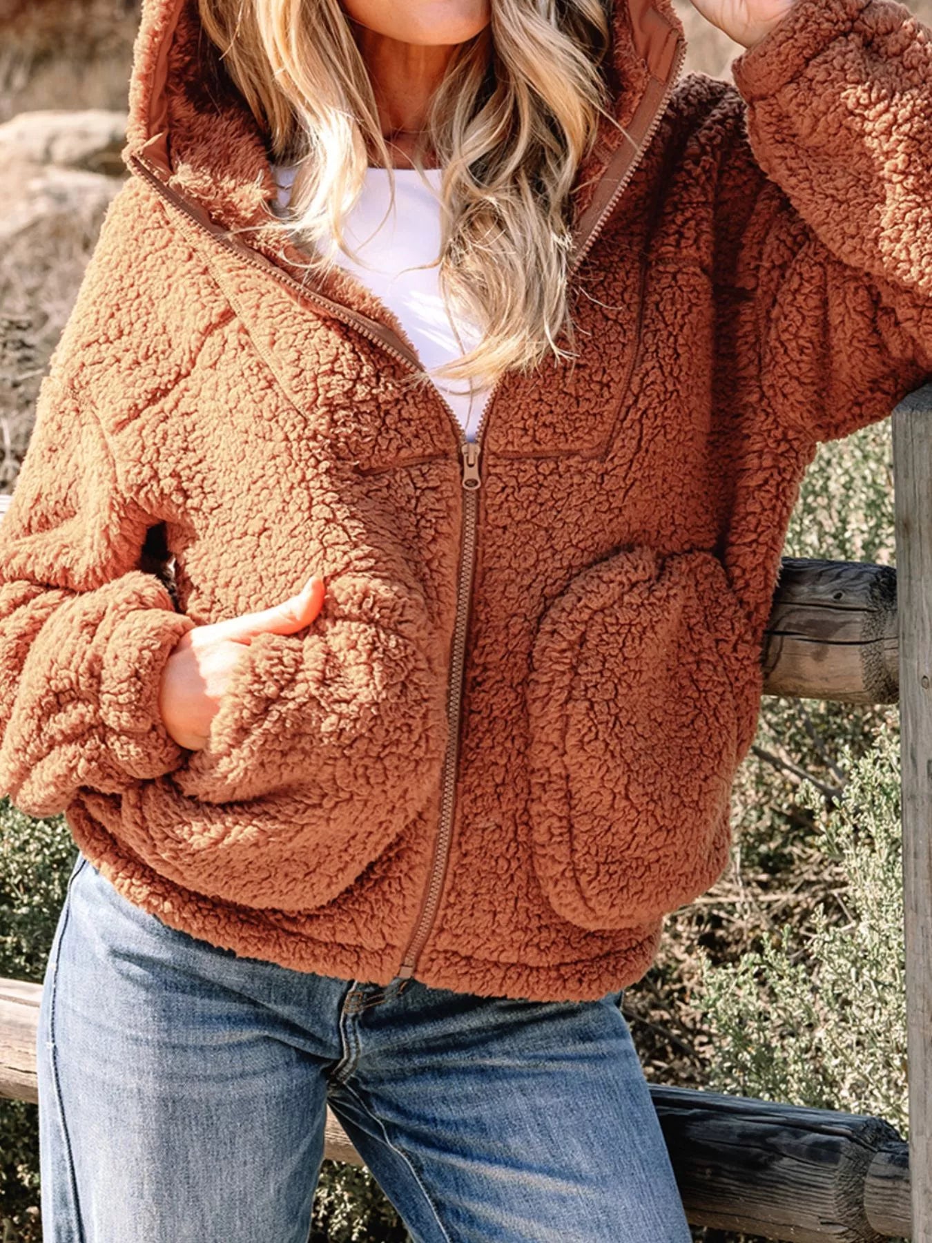 Zip Up Hooded Sherpa Jacket OutfitFlow