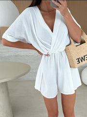 Surplice Half Sleeve Wrap Romper OutfitFlow