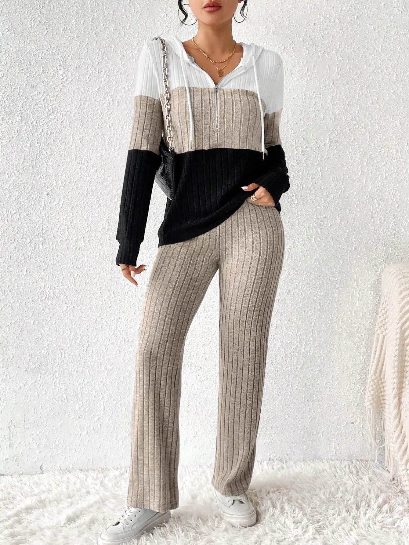 Color Block Half Zip Hooded Top and Pants Set Dust Storm OutfitFlow