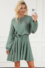 Outfit Flow - Round Neck Long Sleeve Tie Waist Dress