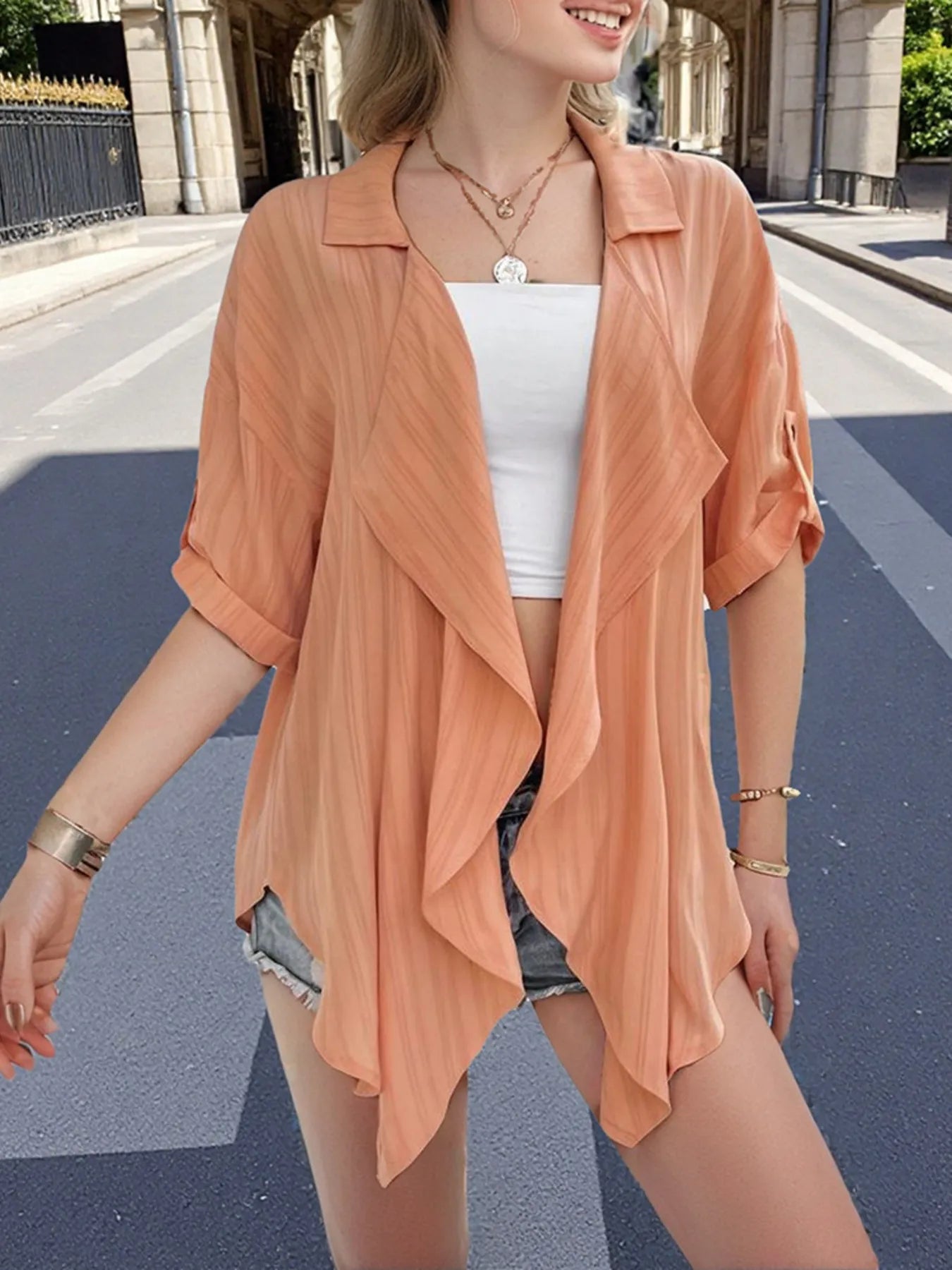 Open Front Half Sleeve Cardigan OutfitFlow
