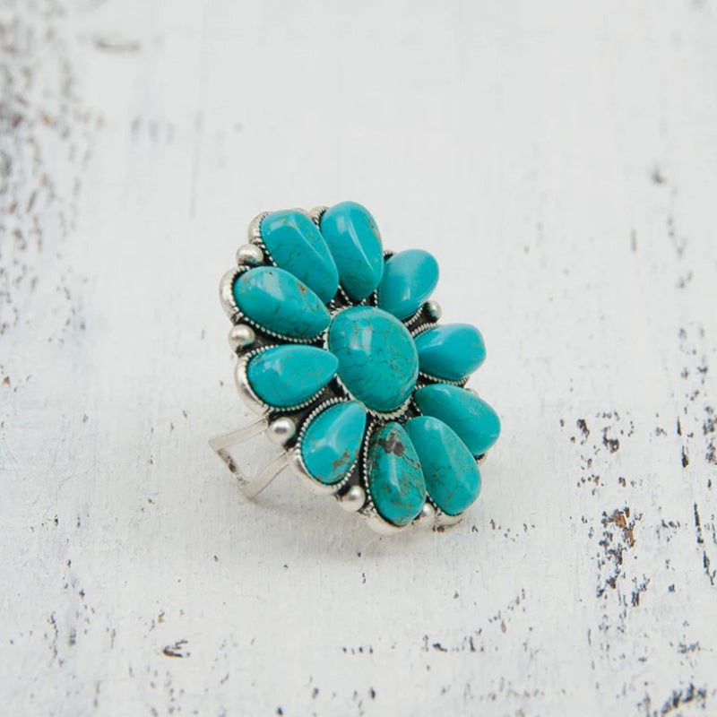 Outfit Flow - Artificial Turquoise Alloy Flower Ring