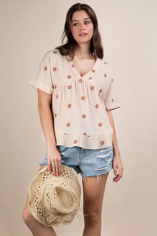 VERY J Flower Embroidered Woven Blouse OutfitFlow