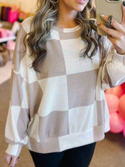 Checkered Breathable Textured Long Sleeve Top Mocha OutfitFlow