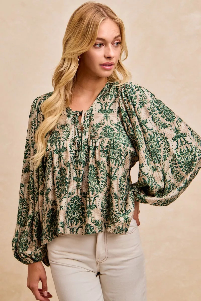 BiBi Printed Woven Front Tied Blouse with Baloon Sleeve OutfitFlow