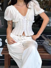 Frill V-Neck Puff Sleeve Blouse OutfitFlow