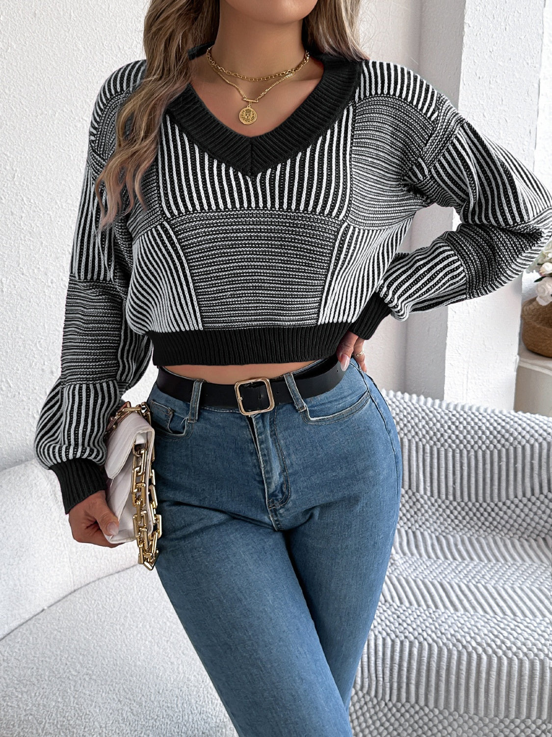 Outfit Flow - Striped V-Neck Long Sleeve Sweater