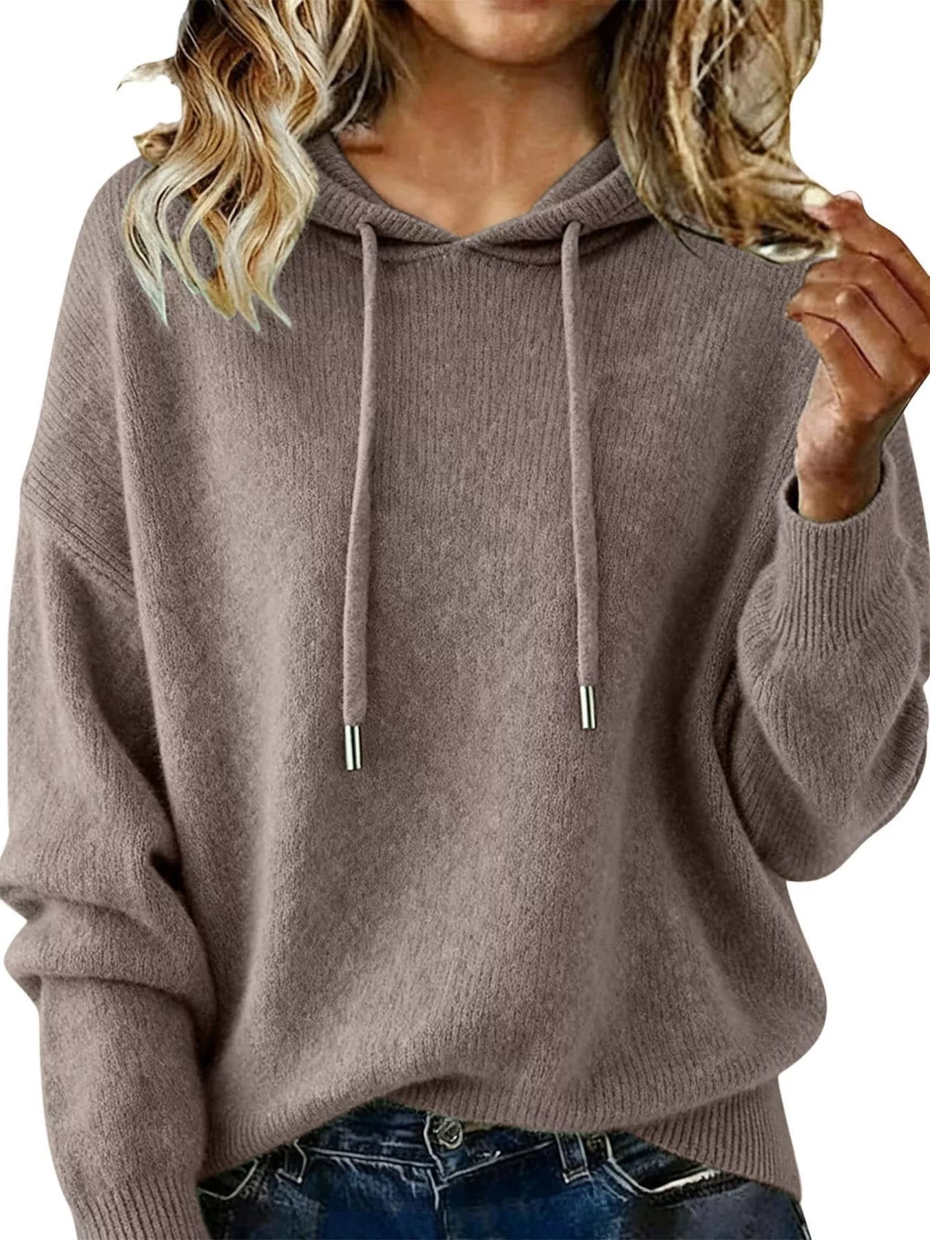 Drawstring Long Sleeve Hooded Sweater Dark Gray Trendsi