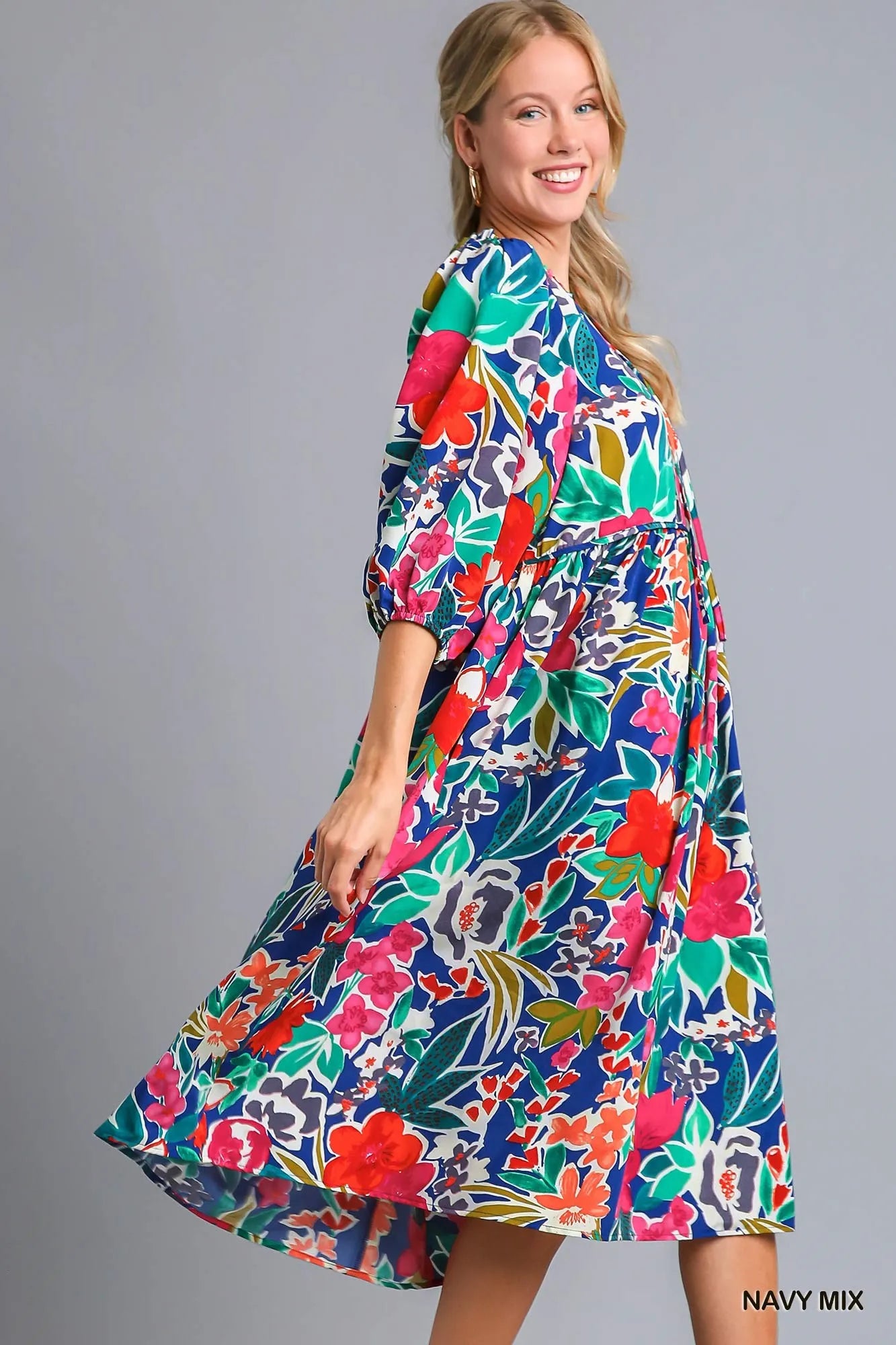 Umgee Floral Print Tie Neck Midi Dress with Pockets Trendsi