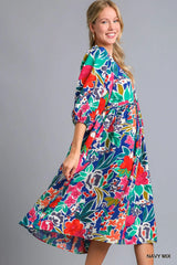 Umgee Floral Print Tie Neck Midi Dress with Pockets Trendsi