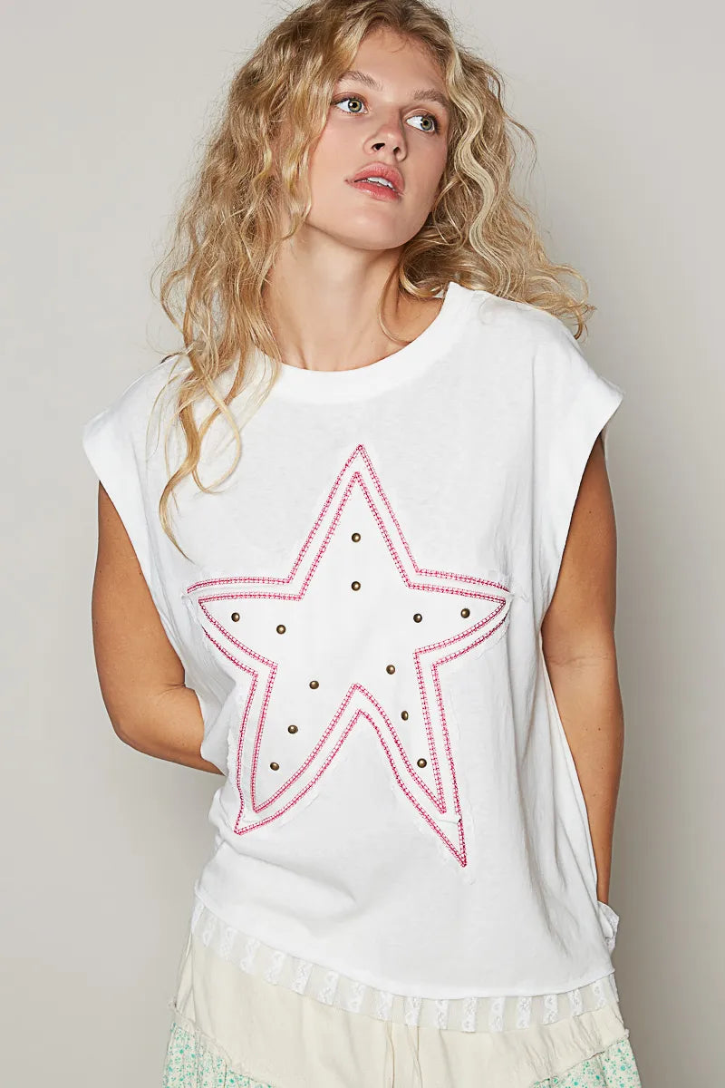 POL Star Patch Studded Sleeveless T-Shirt with Lace Hem OutfitFlow